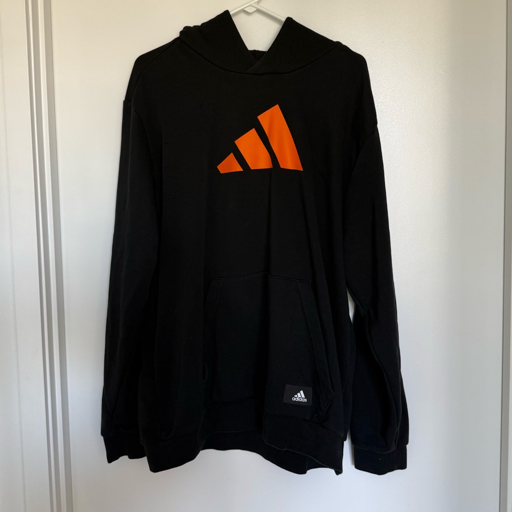Adidas Men's Charcoal Hoodie With Vibrant Orange Logo